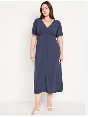 NWT Old Navy Blue Short Flutter Sleeve V-Neck Button Front Midi Dress Size Large